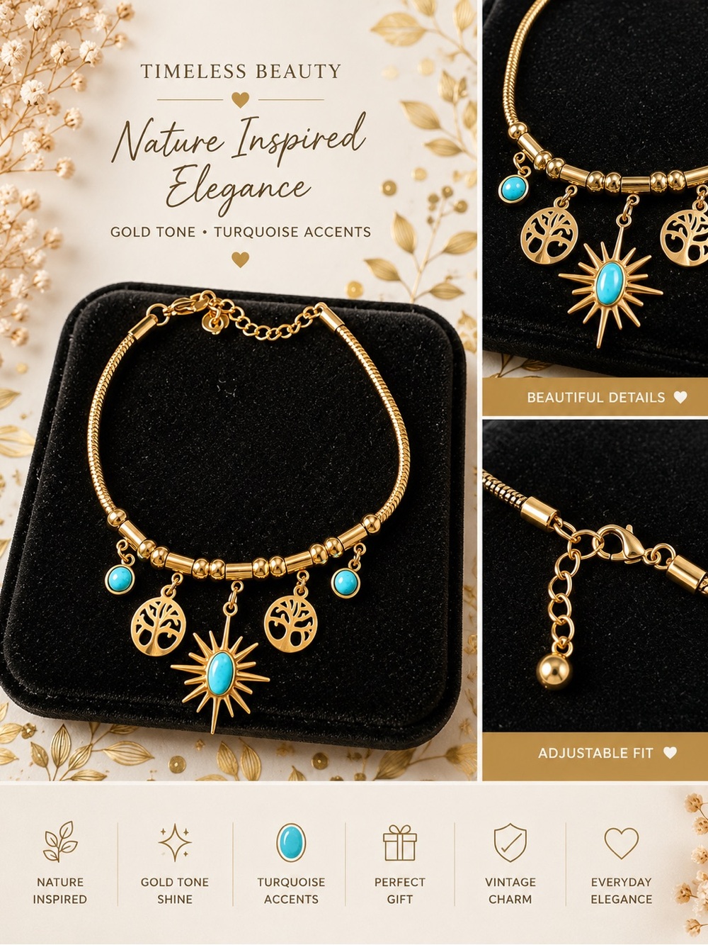 5/25 ✨✨ Gold Tone Bracelet with Turquoise Accents - Nature Charm
